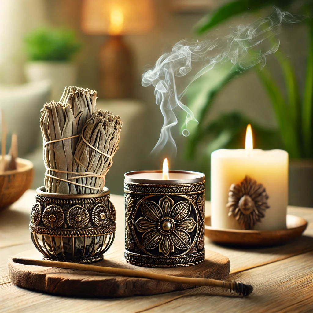 A bundle of sage, a lit candle with smoke rising, and another candle. Decorative holders.