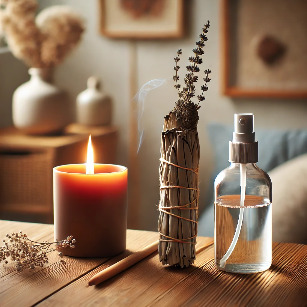 A lit candle, sage smudge stick, lavender sprigs, and a spray bottle are on a wooden table.