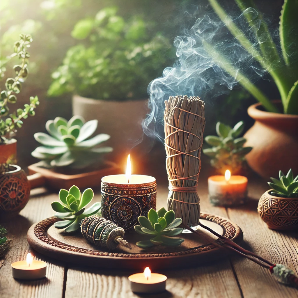 A round tray holds candles, a smudging stick, and small succulents. Smoke rises from the stick.