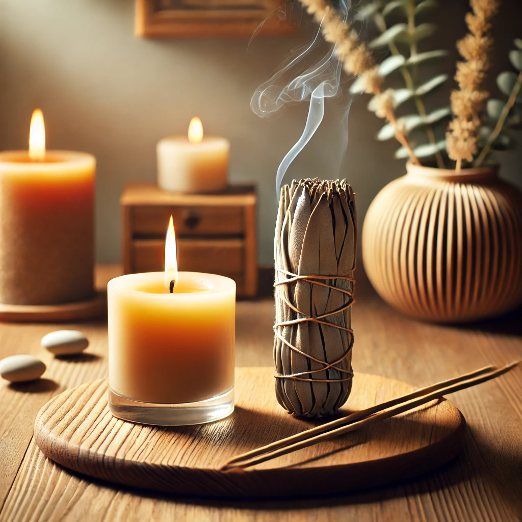 A wooden tray holds a bundle of sage, burning candles, and incense sticks. There's also a decorative vase.