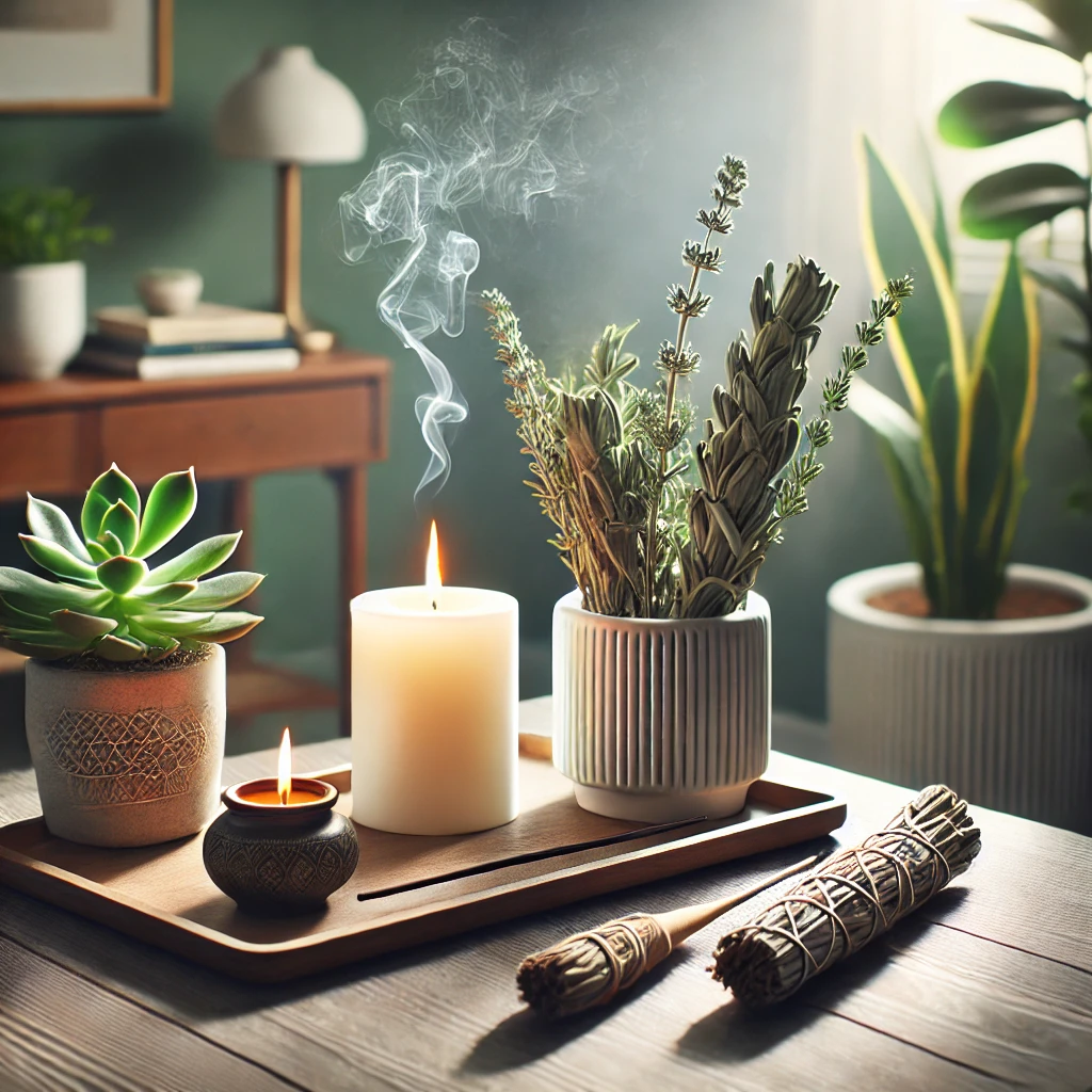 A wooden tray holds candles, dried herbs in a pot, and smudge sticks. Smoke rises from the herbs.