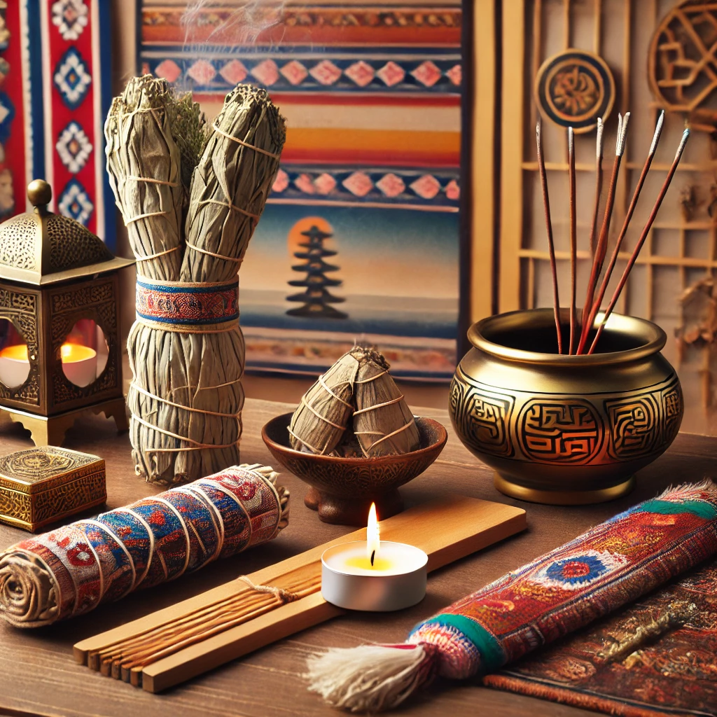 Dried herbs, incense, candles, and decorative items on a wooden surface.