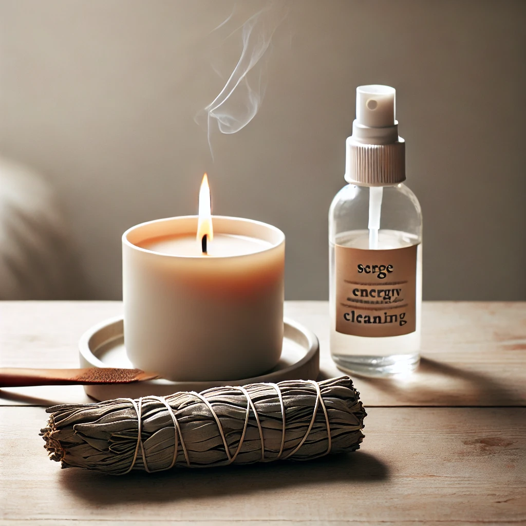 A lit candle, a spray bottle of energy cleaning solution, and a bundle of sage.